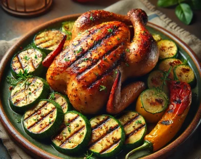 Poulet grillé avec courgettes et poivrons