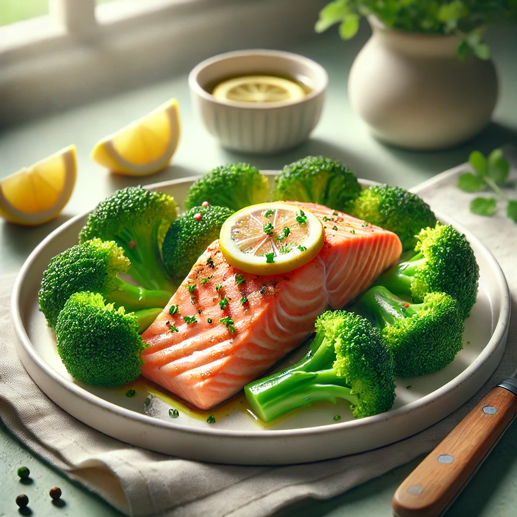 Saumon cuit à la vapeur avec brocoli