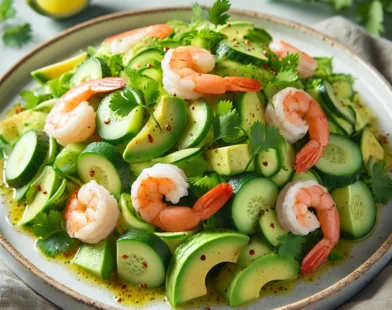 Salade de concombre, avocat et crevettes