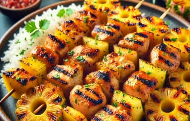 Brochettes de poulet et ananas grillé