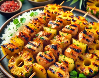 Brochettes de poulet et ananas grillé