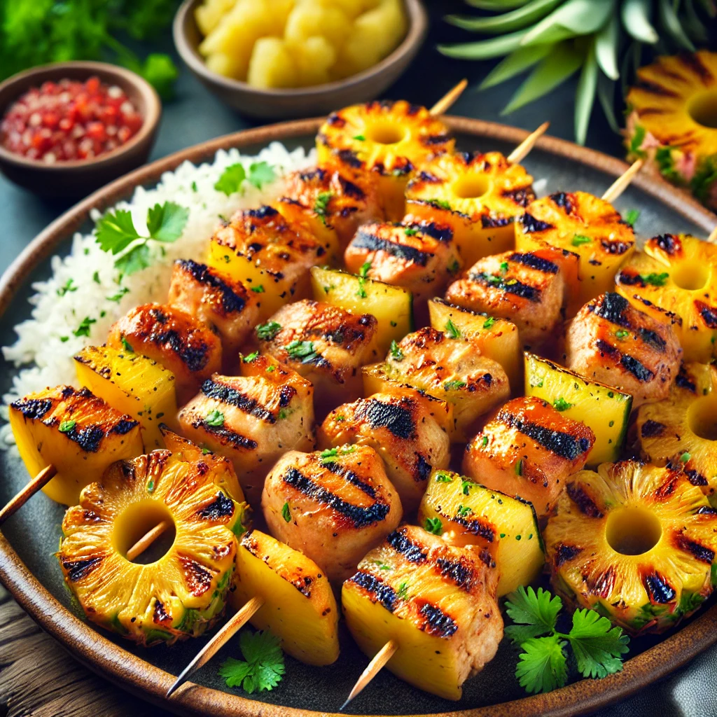 Brochettes de poulet et ananas grillé