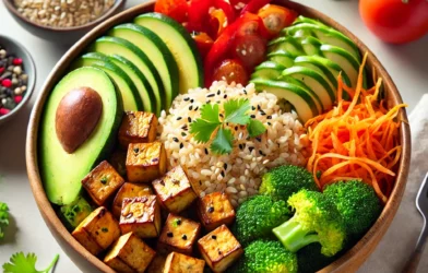 Bowl de riz brun, tofu et légumes