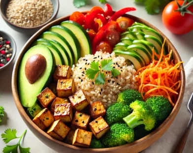 Bowl de riz brun, tofu et légumes